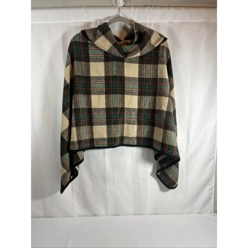 Vintage Classic Plaid Wood Button Tartan Equestrian Preppy Shawl Cape Overcoat